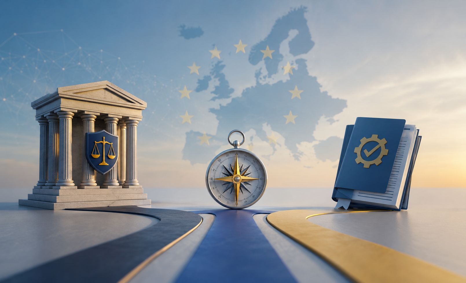 3D illustration showing the relationship between the EU AI Act, official guidance and compliance, with a courthouse, compass and rulebook in front of a map of Europe.